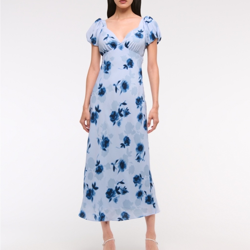 Abercrombie & Fitch Blue Floral Puff Sleeve Midi Dress
